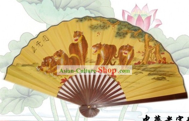 65 Inches Chinese Traditional Handmade Hanging Silk Decoration Fan - Tigers Family