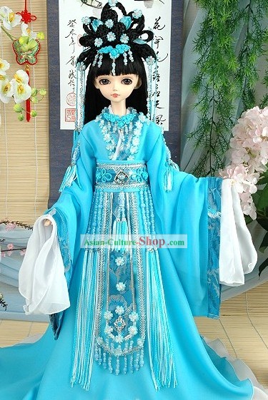Princesa chinês antigo traje azul e Acessórios do cabelo Conjunto Completo