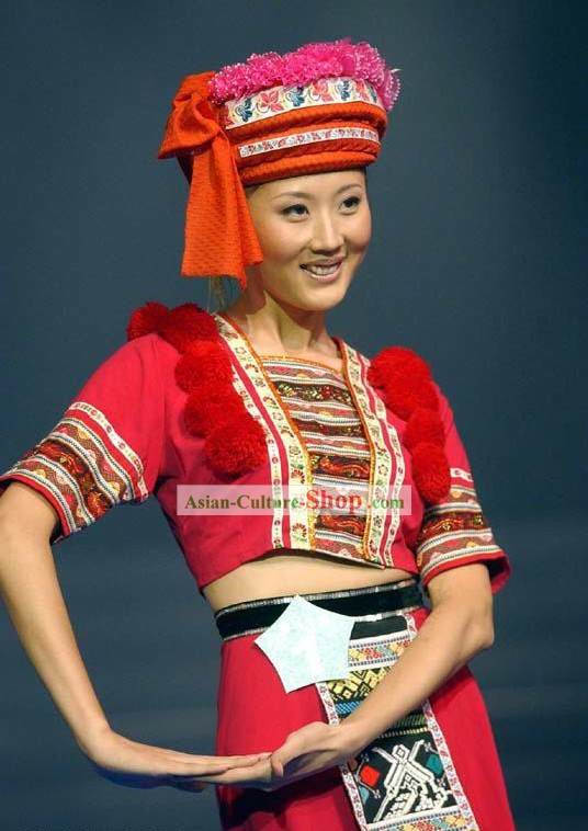 Chinese Lucky Red Bai Minority Classic Costume and Hat For Women