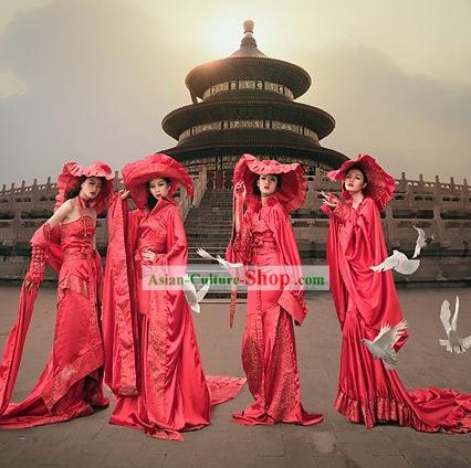 中国のラッキーレッドロングシルクの衣装と帽子コンプリートセット