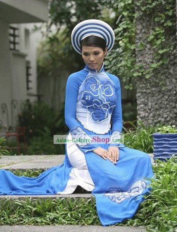 Vietnamesische Nationale Lange Cheongsam Kostüm und Hut Set