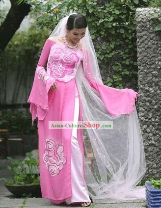 Вьетнамская Национальная розовый цветок Длинные Cheongsam костюм