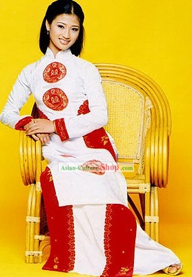 신사 숙녀를위한 베트남어 클래식 실크 화이트 의상