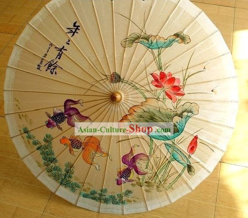 Chinesische Hand Painted Goldfish und Lotus Umbrella