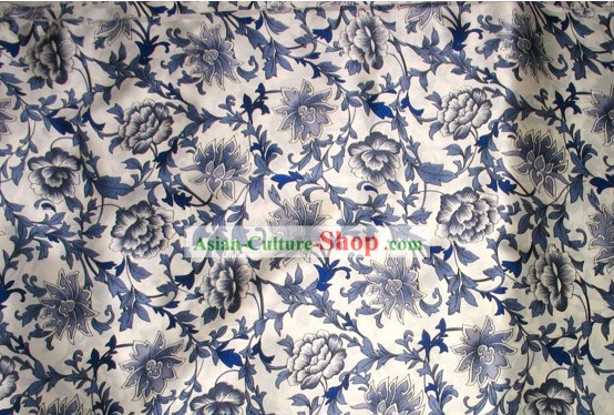 100 Percent Pure White and Blue Procelain Silk Fabric