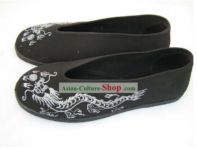 Chinese Hand Made Folk Dragon Black Cloth Shoes/Men Dragon Shoes