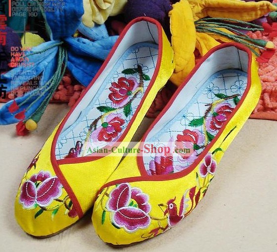 Handmade Vögel und Blumen Cloth Yellow Schuhe