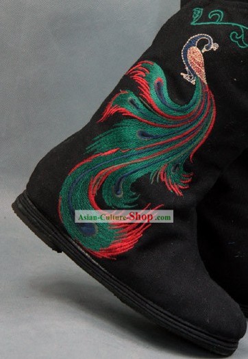 中国の刺繍孔雀布ブーツ