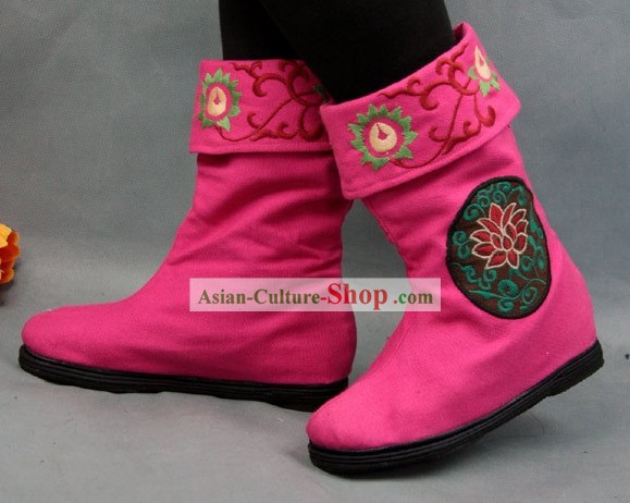 中国の刺繍の花布ブーツ