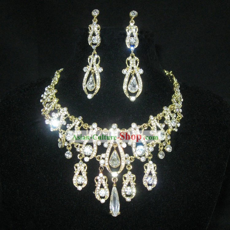 Golden Necklace and Earrings Chinese Wedding Jewelry Set
