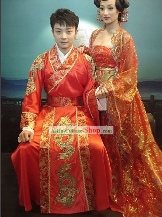 Tradicional China Dragon y Phoenix vestido de boda 2 juegos de novia y el novio