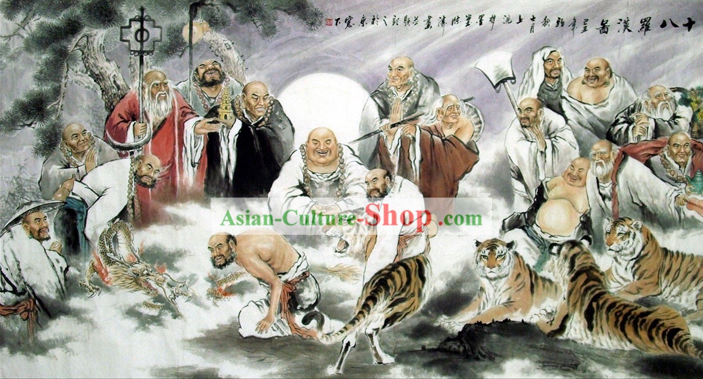 Pintura Tradicional China - budista Arhat y los Tigres