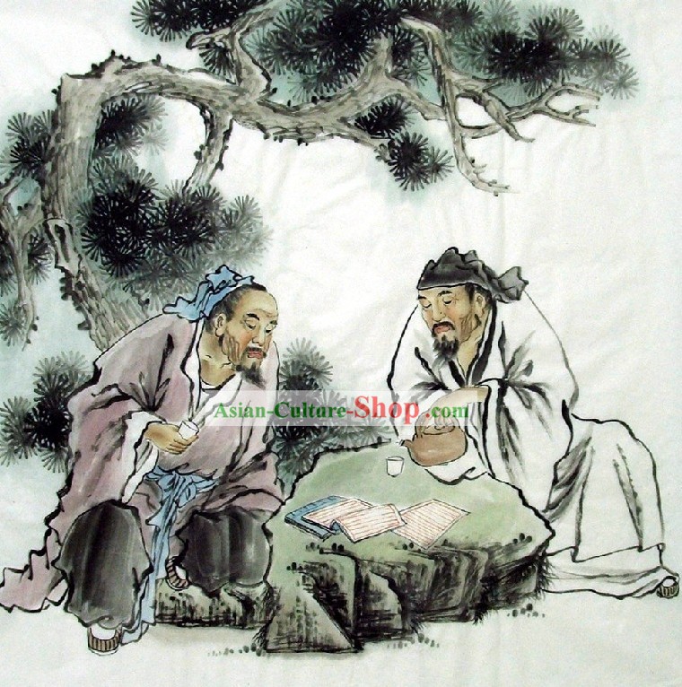 Pintura Tradicional China - Jugando al ajedrez por Qing Shaoping