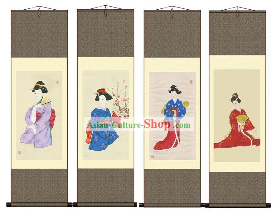 Chinese Silk Geisha Paintings 4 Sets