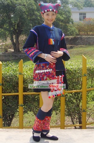 Chinese Traditional Hani Minority Dress and Hat Set