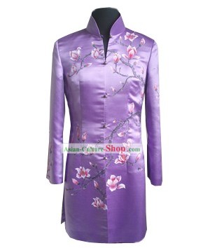 Traditional Hands Embroidered Magnolia Silk Long Coat