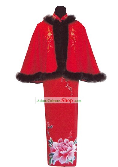Chinese Lucky Red Handmade and Embroidered Peony Long Wedding Silk Cheongsam