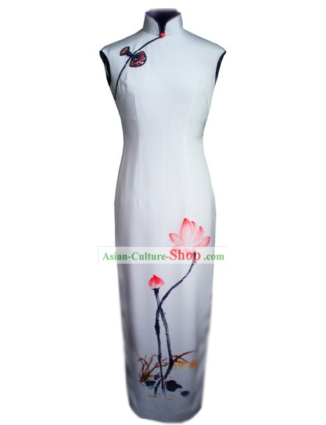 伝統的な手作りと塗装夏ロータスロングシルクチャイナドレス
