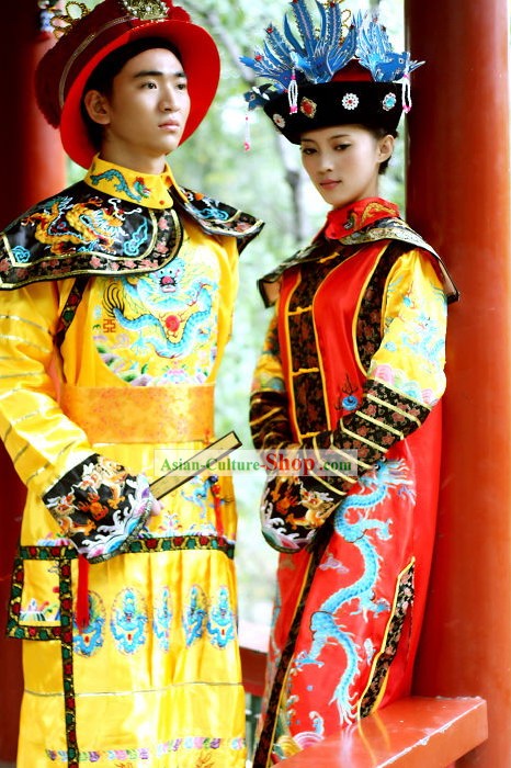 Antiguos trajes del emperador chino y sombrero juego completo