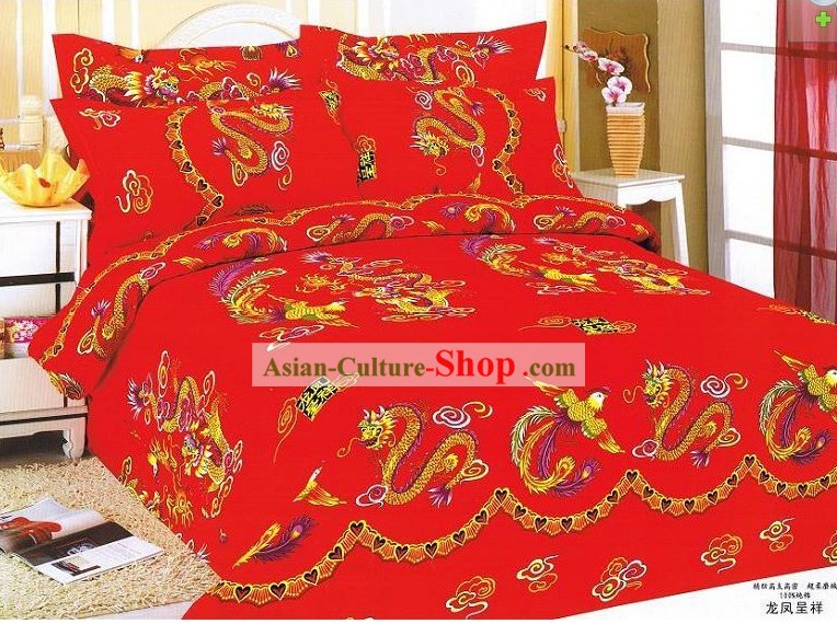 Chinese Stunning Cotton Wedding Bed Sheet Set(Four Pieces)- Dragons