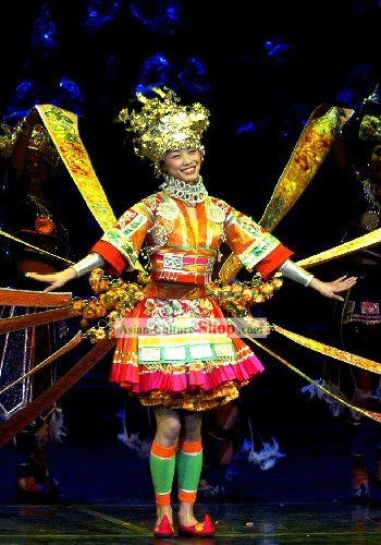 Vestuario Tradicional China Minorías Dance Set y Silver Crown Completa