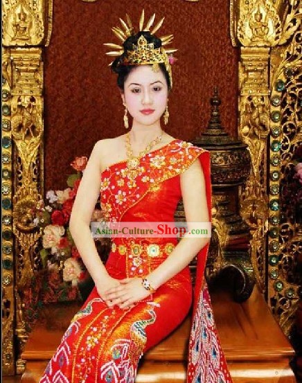 Deslumbrante vestido tradicional da Tailândia e do cabelo Set Decoração Completa