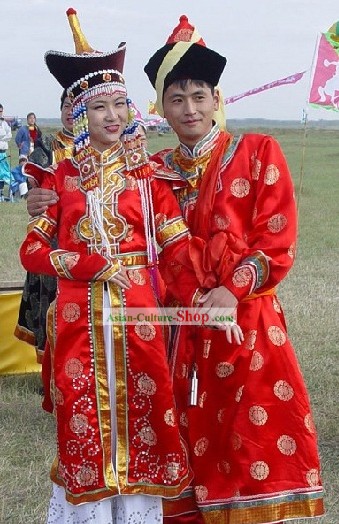 Mongolia vestido de novia y sombrero juego completo para la novia y el novio