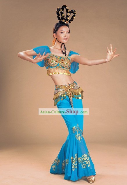 Chinese Ancient Blue Palace Dance Costume and Headpiece Complete Set