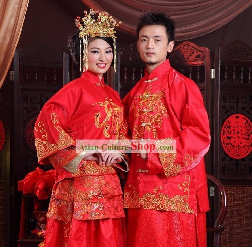 Tradicionales hechos a mano de Lucky Red Dress Boda largo de novia y el novio