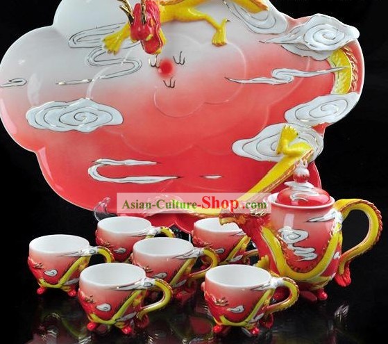 Chinese Ceramic Dragon Teapot 8 Pieces Set