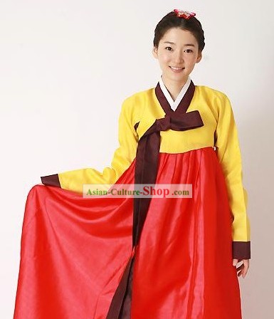 Traditionnel hanbok coréen Set complet pour la femme (rouge et jaune)