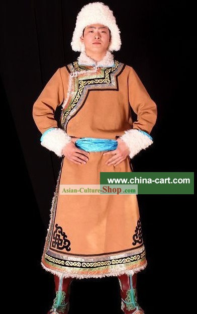 Robe mongol tradicional longa e chapéu para homens