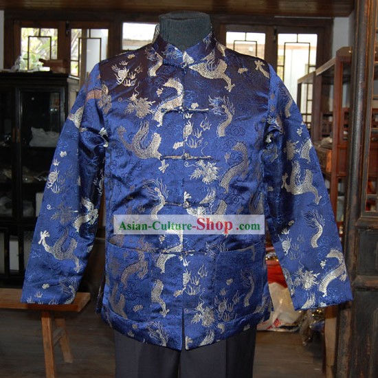 Chinese Classical Mandarin Handmade Silk Blouse for Men with Dragons Background