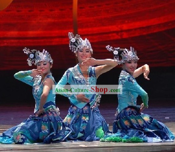 Traditional Chinese Miao Costume and Silver Hat Set