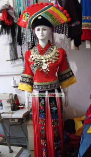 Chinese Ethnic Minorities Wedding Dress and Hat Set