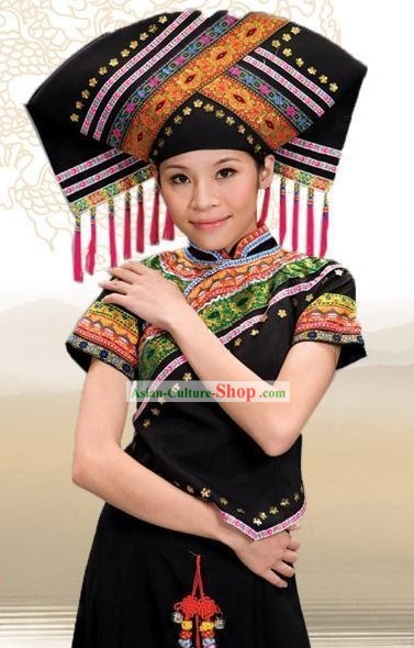 Chinese Traditional Zhuang Minority Dance Costumes and Hat for Women