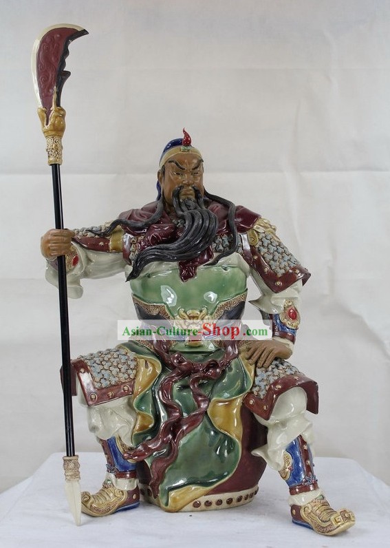 Guan Gong Sitting on Drum Shiwan Ceramic Figurine