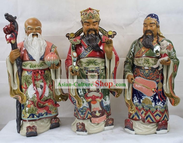 Large Three Stars Chinese Shiwan Ceramic Figurine
