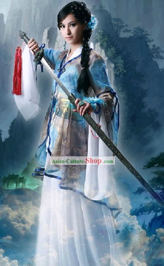 Ancient Chinese Swordswoman Costume and Hair Ornaments