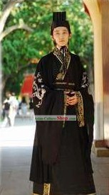 Ancient Chinese Black Dragon Male Costumes and Hat