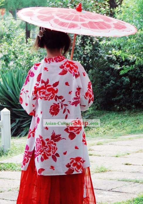 Ancient Chinese Red Flower Wedding Dress and Umbrella