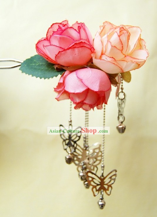 Ancient Chinese Silk Flower and Butterfly Hairpin