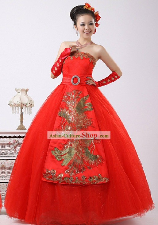 Gorgeous Chinese Lucky Red Phoenix Bride Veil Wedding Dress