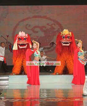 Red Face Long Yak Fur Northern Lion Dance Costume Complete Set