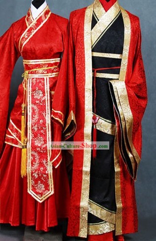 Chinese Classical Lucky Red Wedding Dress 2 Sets for Bride and Bridegroom