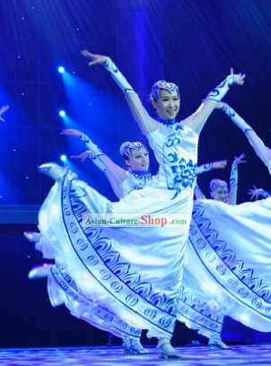 Chinese Classical White and Blue Dance Costume Set