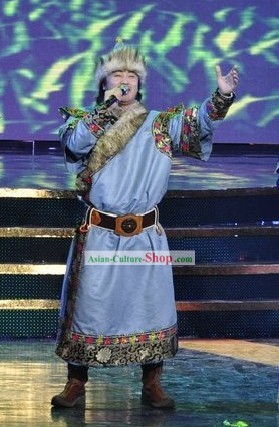 Chinese Mongolian Men Singer Clothing and Hat Set