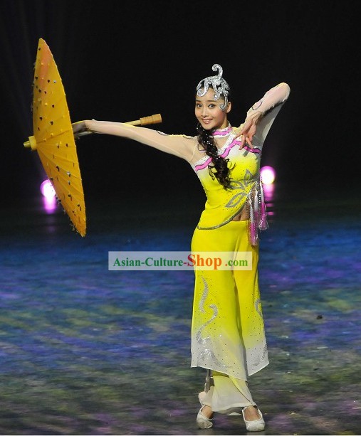 Chinese Umbrella Dance Costume and Hair Decoration Set