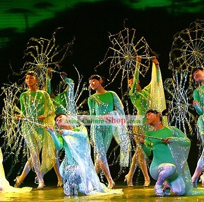 Chinese Umbrella Green Group Dance Costume Set