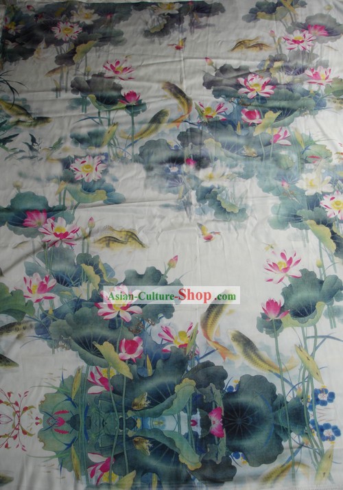 Traditional Chinese Lotus and Fish Silk Fabric